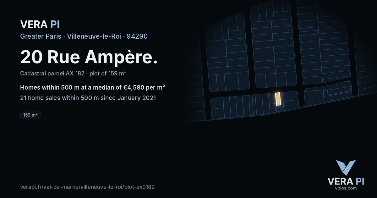 20 Rue Ampère, Villeneuve-le-Roi at night – the plot lit, the parcels around coloured by the prices near them