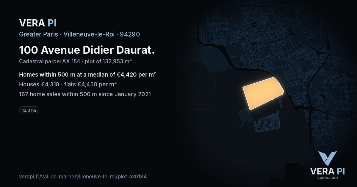 100 Avenue Didier Daurat, Villeneuve-le-Roi at night – the plot lit, the parcels around coloured by the prices near them