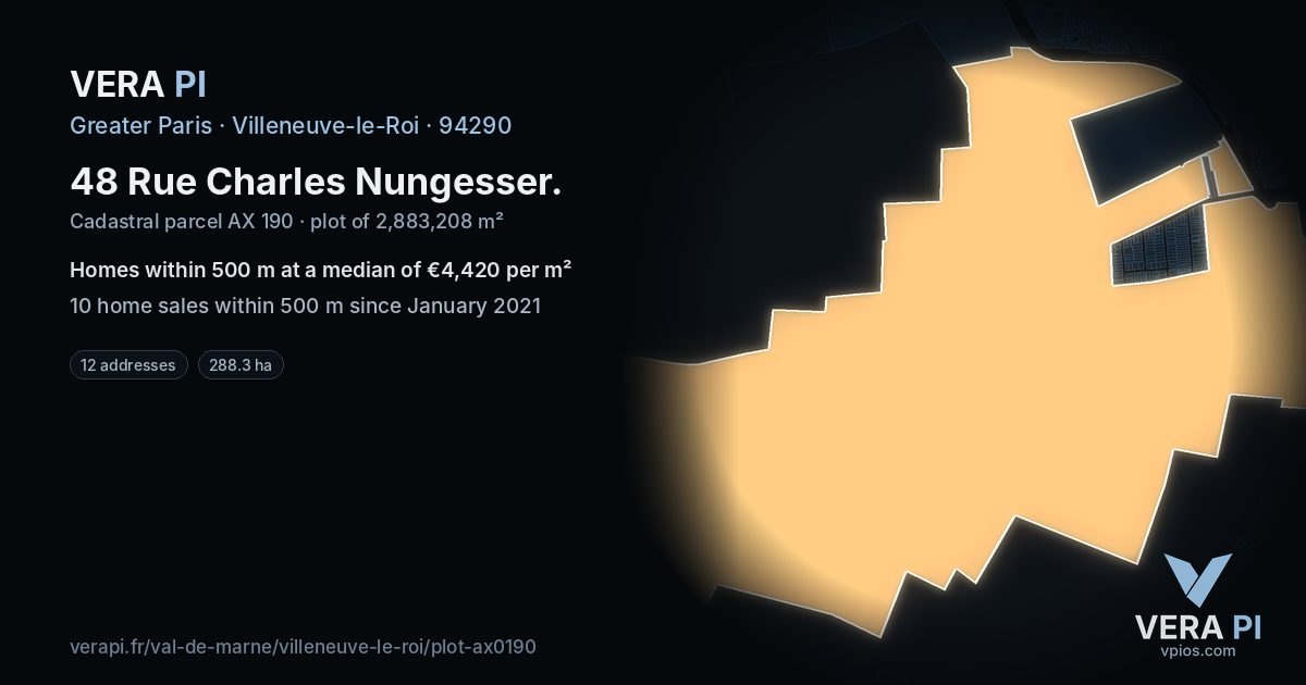 48 Rue Charles Nungesser, Villeneuve-le-Roi at night – the plot lit, the parcels around coloured by the prices near them