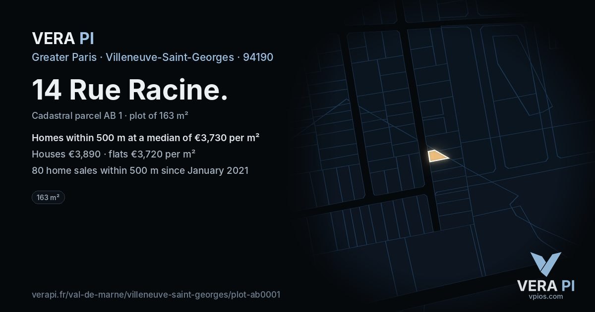 14 Rue Racine, Villeneuve-Saint-Georges at night – the plot lit, the parcels around coloured by the prices near them