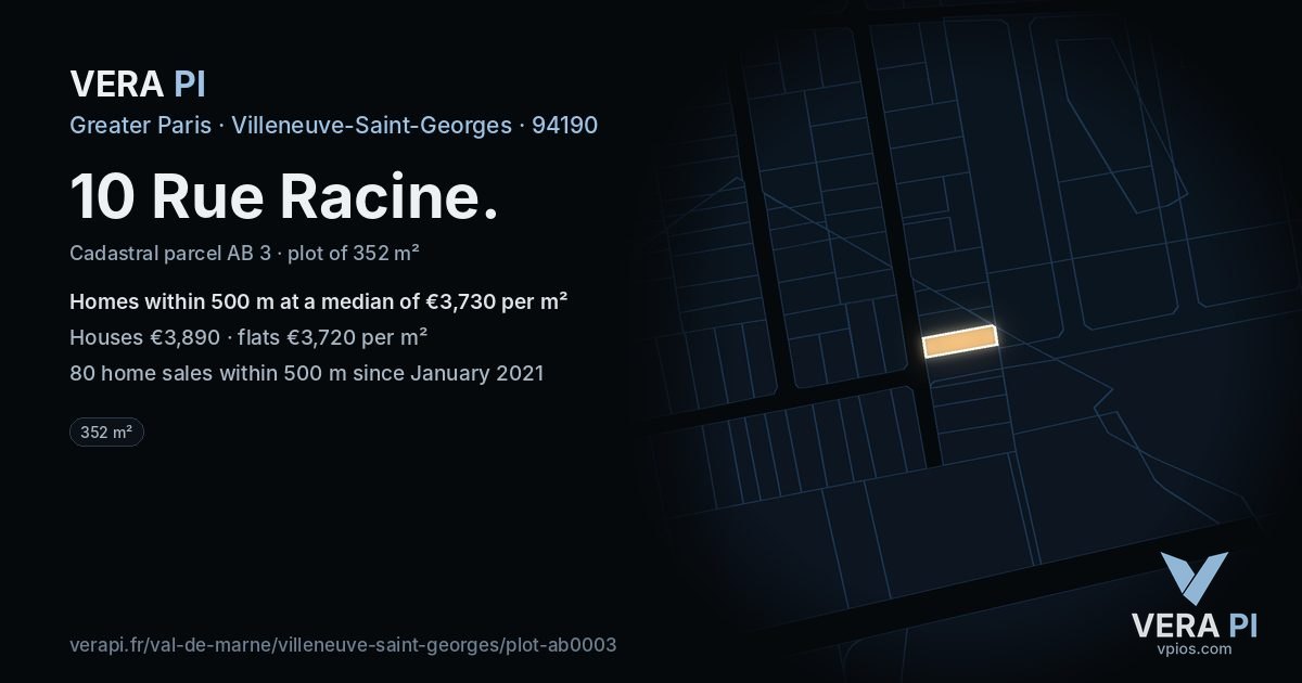 10 Rue Racine, Villeneuve-Saint-Georges at night – the plot lit, the parcels around coloured by the prices near them
