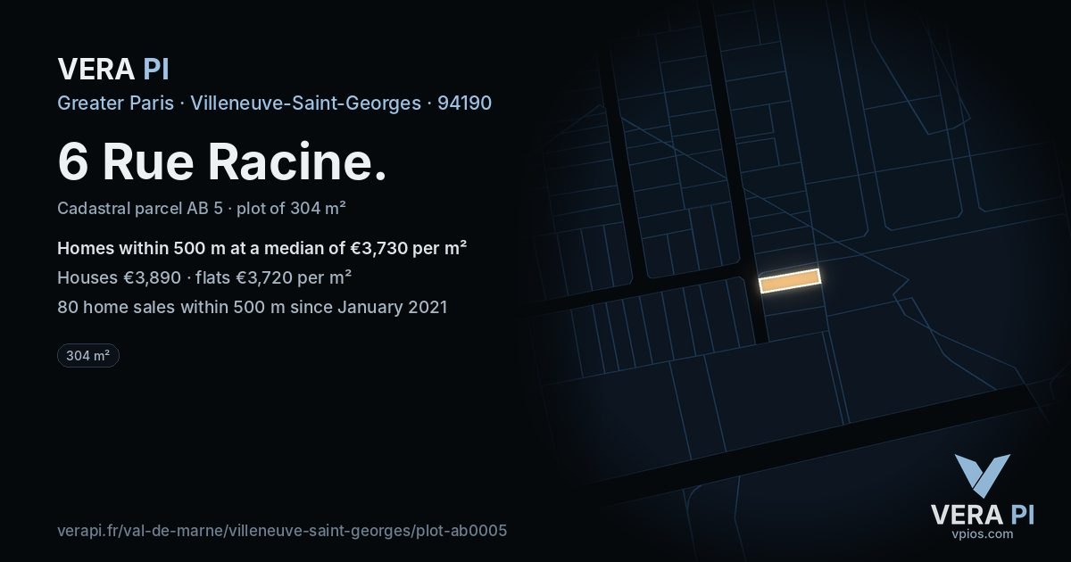 6 Rue Racine, Villeneuve-Saint-Georges at night – the plot lit, the parcels around coloured by the prices near them