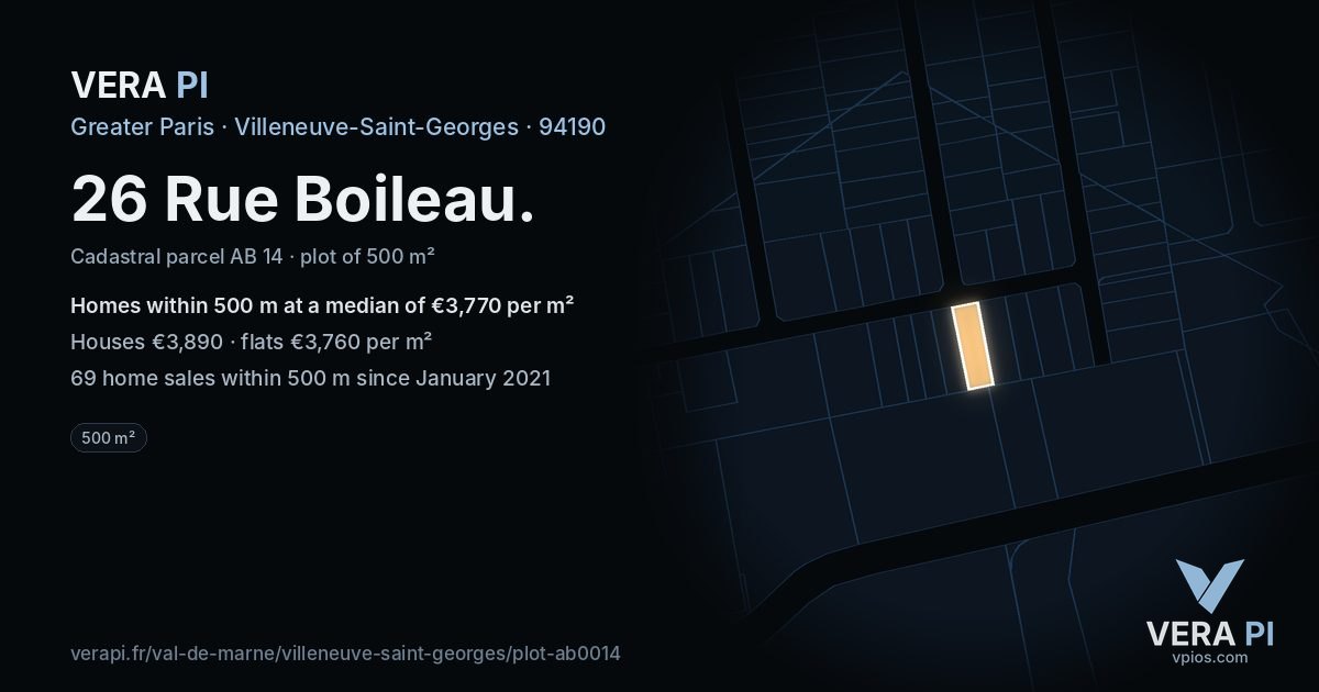 26 Rue Boileau, Villeneuve-Saint-Georges at night – the plot lit, the parcels around coloured by the prices near them