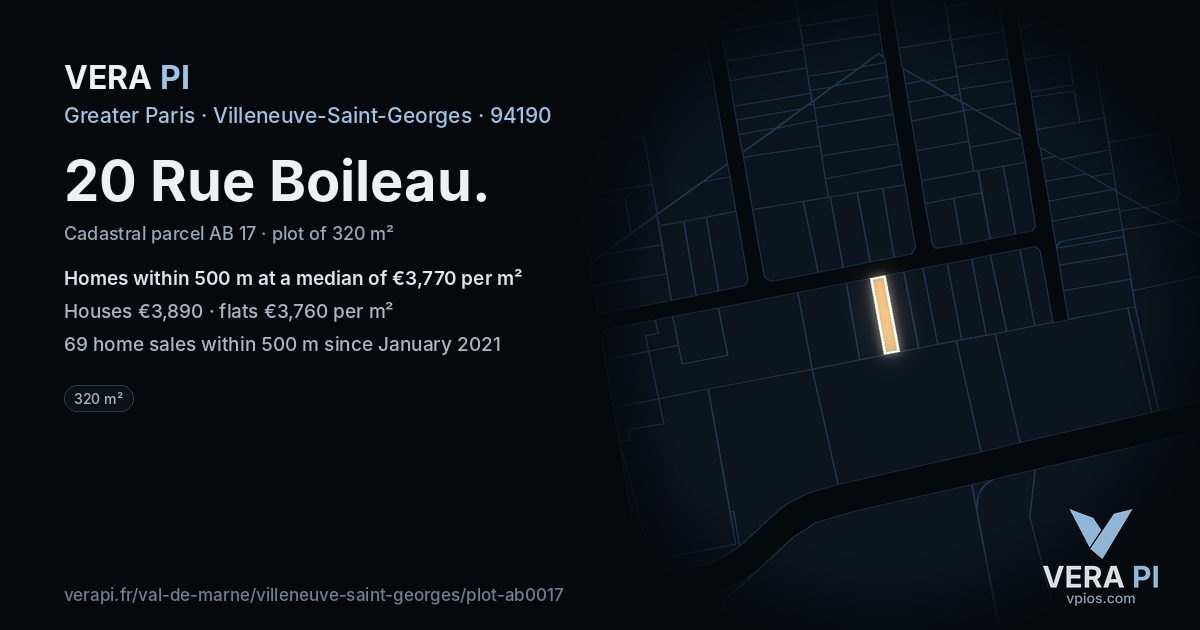 20 Rue Boileau, Villeneuve-Saint-Georges at night – the plot lit, the parcels around coloured by the prices near them