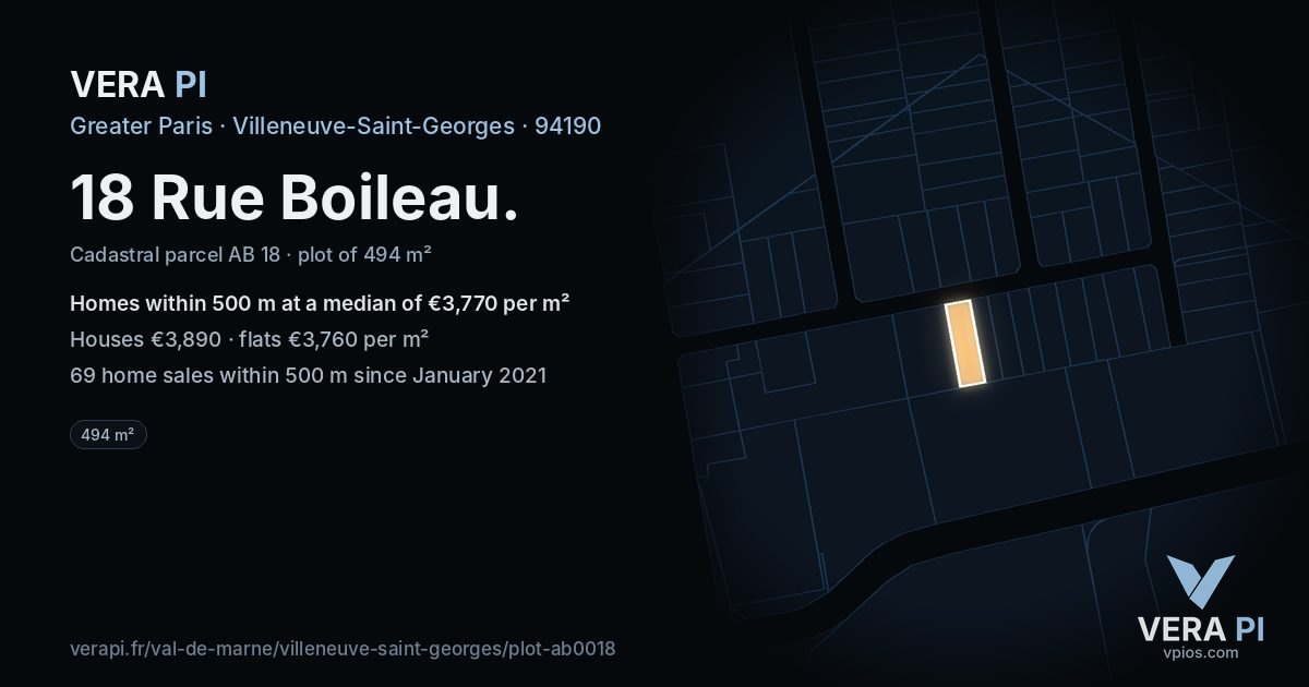 18 Rue Boileau, Villeneuve-Saint-Georges at night – the plot lit, the parcels around coloured by the prices near them