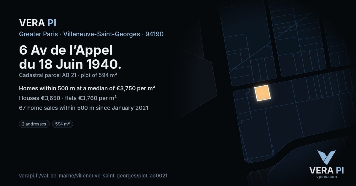 6 Av de l’Appel du 18 Juin 1940, Villeneuve-Saint-Georges at night – the plot lit, the parcels around coloured by the prices near them