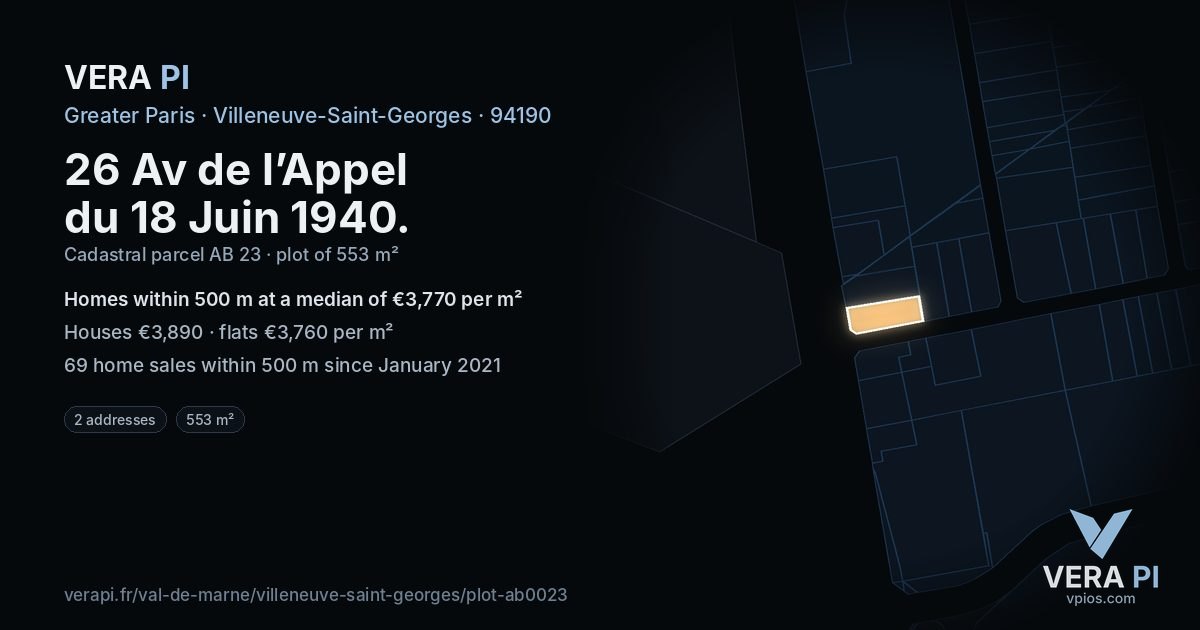 26 Av de l’Appel du 18 Juin 1940, Villeneuve-Saint-Georges at night – the plot lit, the parcels around coloured by the prices near them