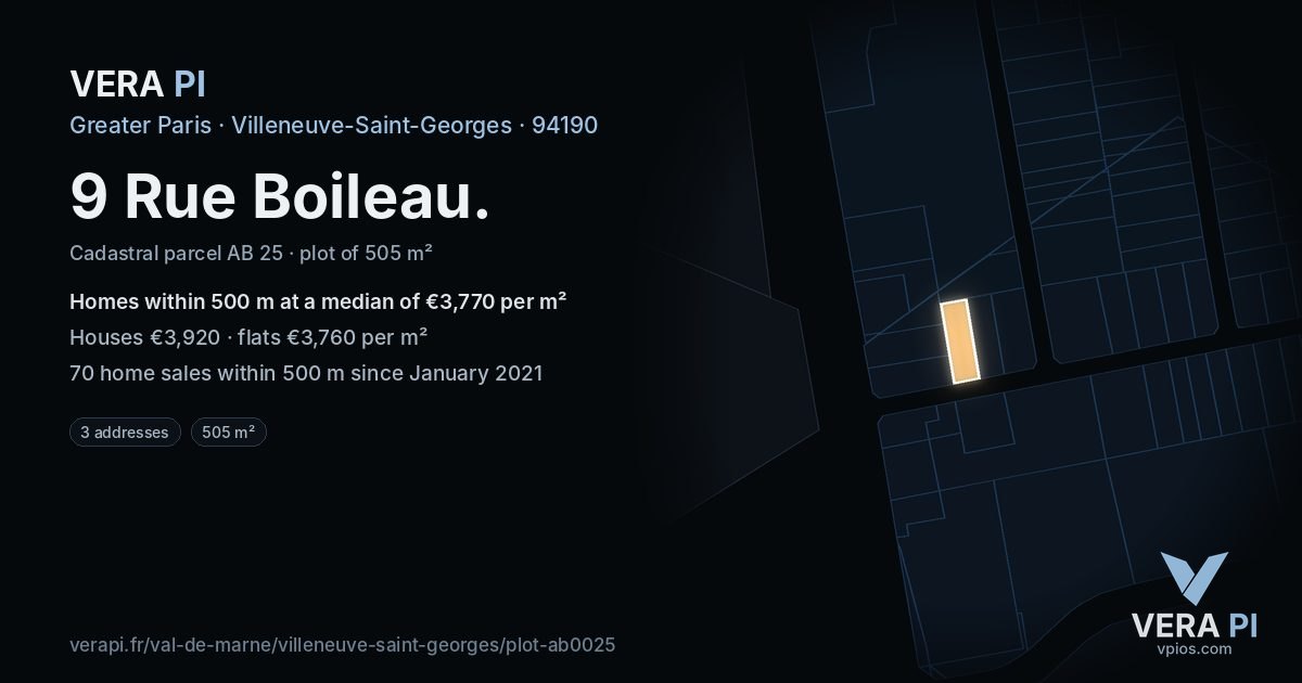 9 Rue Boileau, Villeneuve-Saint-Georges at night – the plot lit, the parcels around coloured by the prices near them
