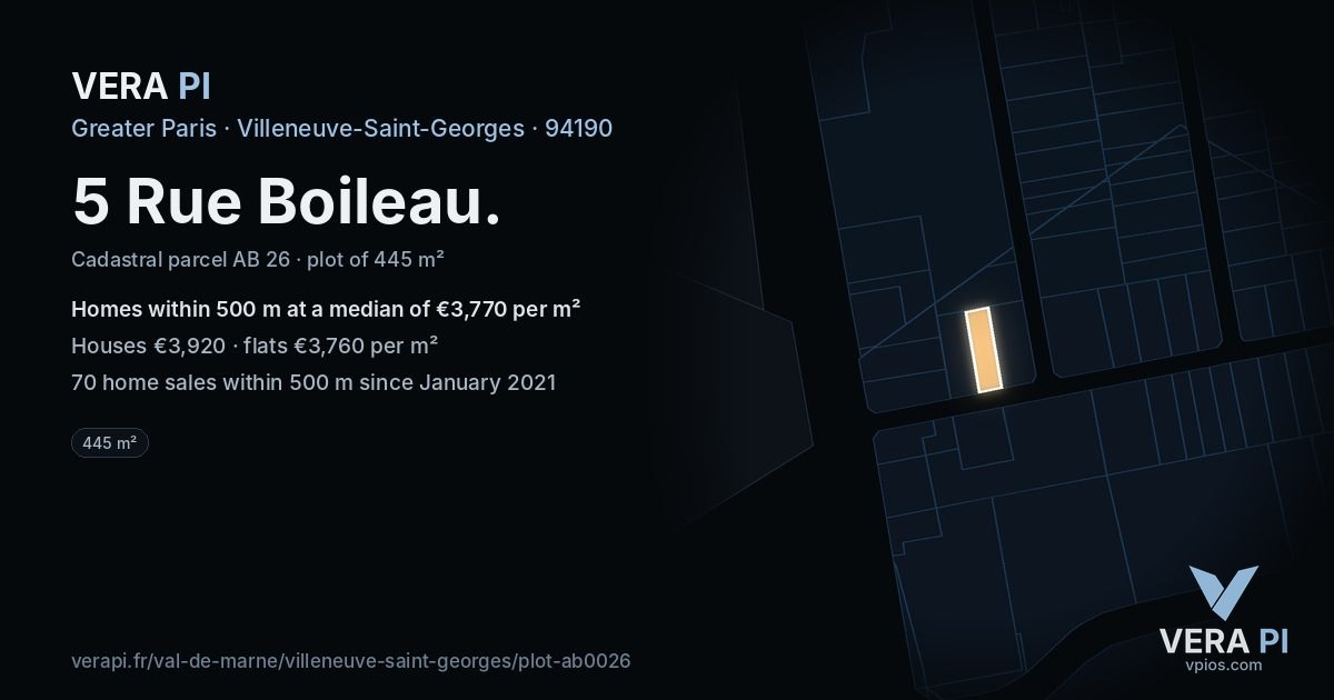 5 Rue Boileau, Villeneuve-Saint-Georges at night – the plot lit, the parcels around coloured by the prices near them