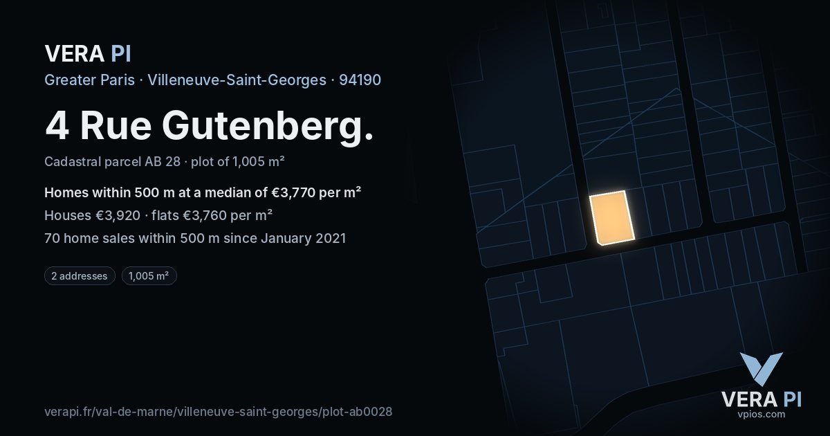 4 Rue Gutenberg, Villeneuve-Saint-Georges at night – the plot lit, the parcels around coloured by the prices near them