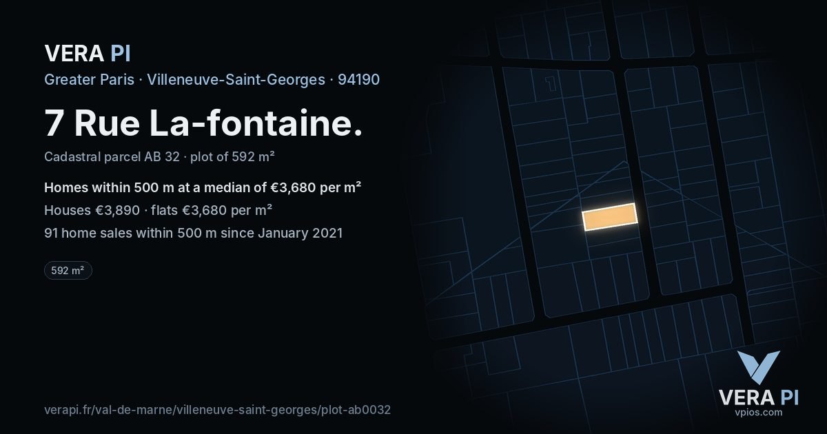 7 Rue La-fontaine, Villeneuve-Saint-Georges at night – the plot lit, the parcels around coloured by the prices near them