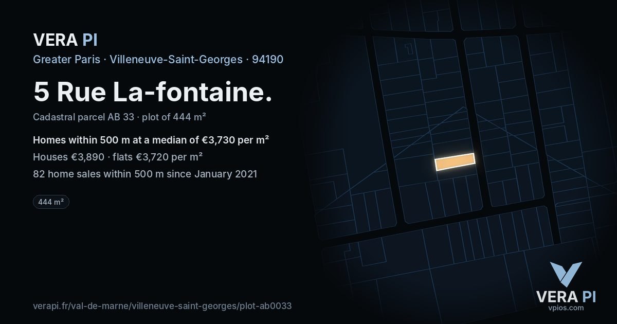 5 Rue La-fontaine, Villeneuve-Saint-Georges at night – the plot lit, the parcels around coloured by the prices near them