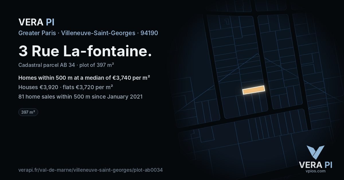 3 Rue La-fontaine, Villeneuve-Saint-Georges at night – the plot lit, the parcels around coloured by the prices near them