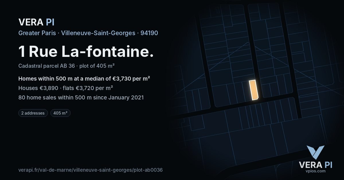 1 Rue La-fontaine, Villeneuve-Saint-Georges at night – the plot lit, the parcels around coloured by the prices near them