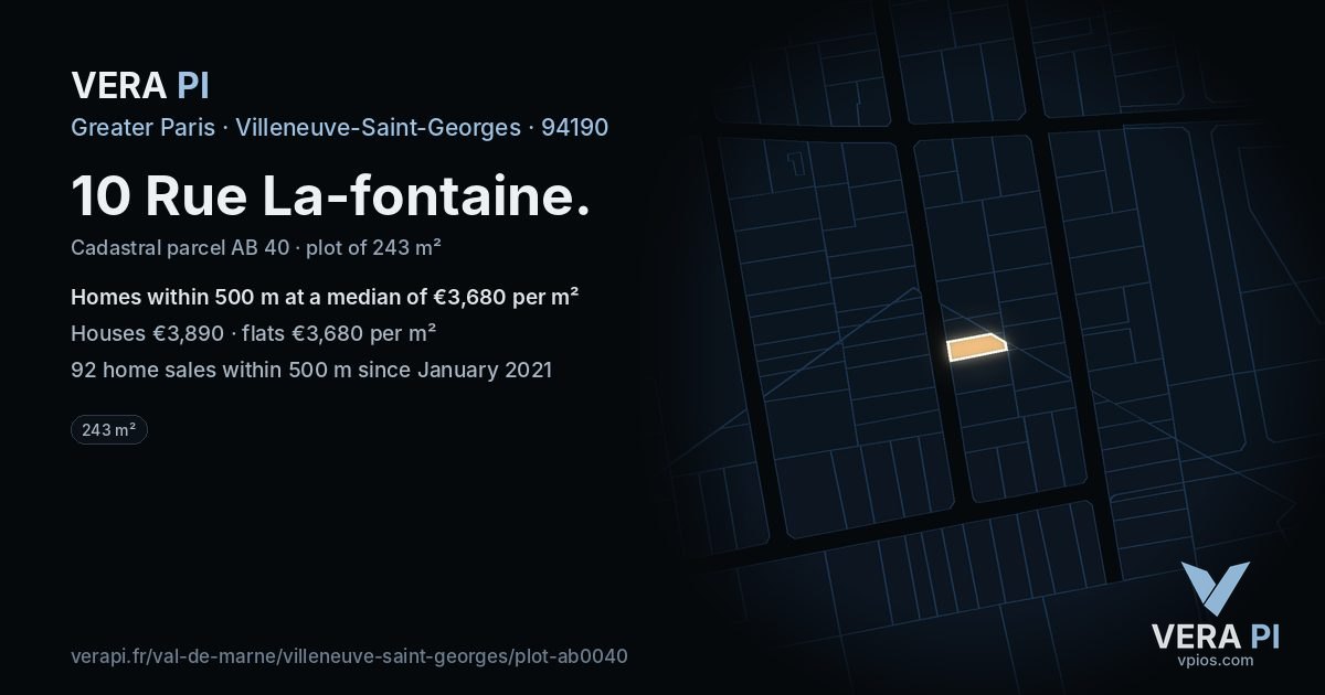 10 Rue La-fontaine, Villeneuve-Saint-Georges at night – the plot lit, the parcels around coloured by the prices near them