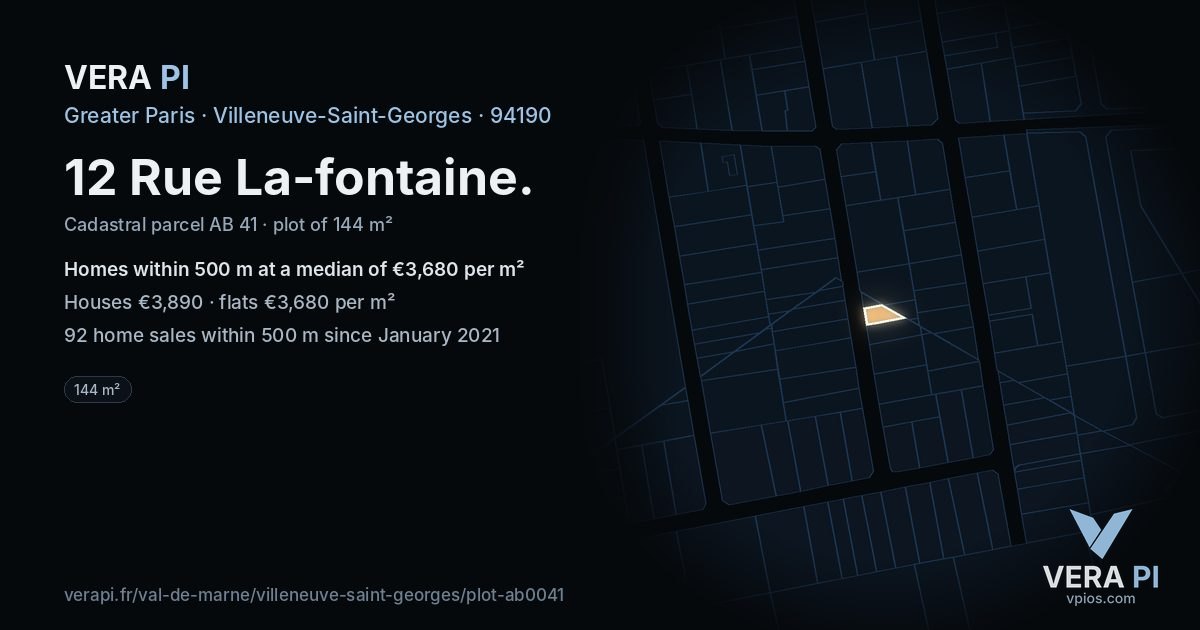12 Rue La-fontaine, Villeneuve-Saint-Georges at night – the plot lit, the parcels around coloured by the prices near them