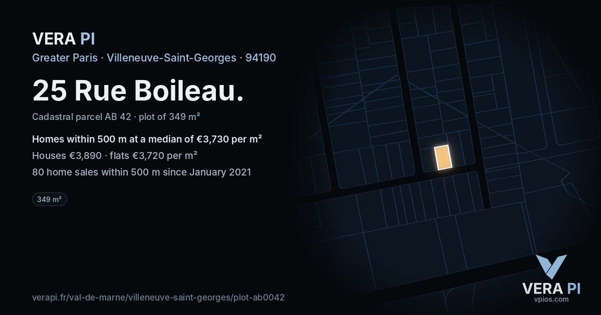 25 Rue Boileau, Villeneuve-Saint-Georges at night – the plot lit, the parcels around coloured by the prices near them