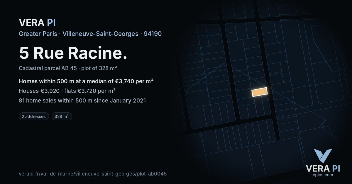 5 Rue Racine, Villeneuve-Saint-Georges at night – the plot lit, the parcels around coloured by the prices near them