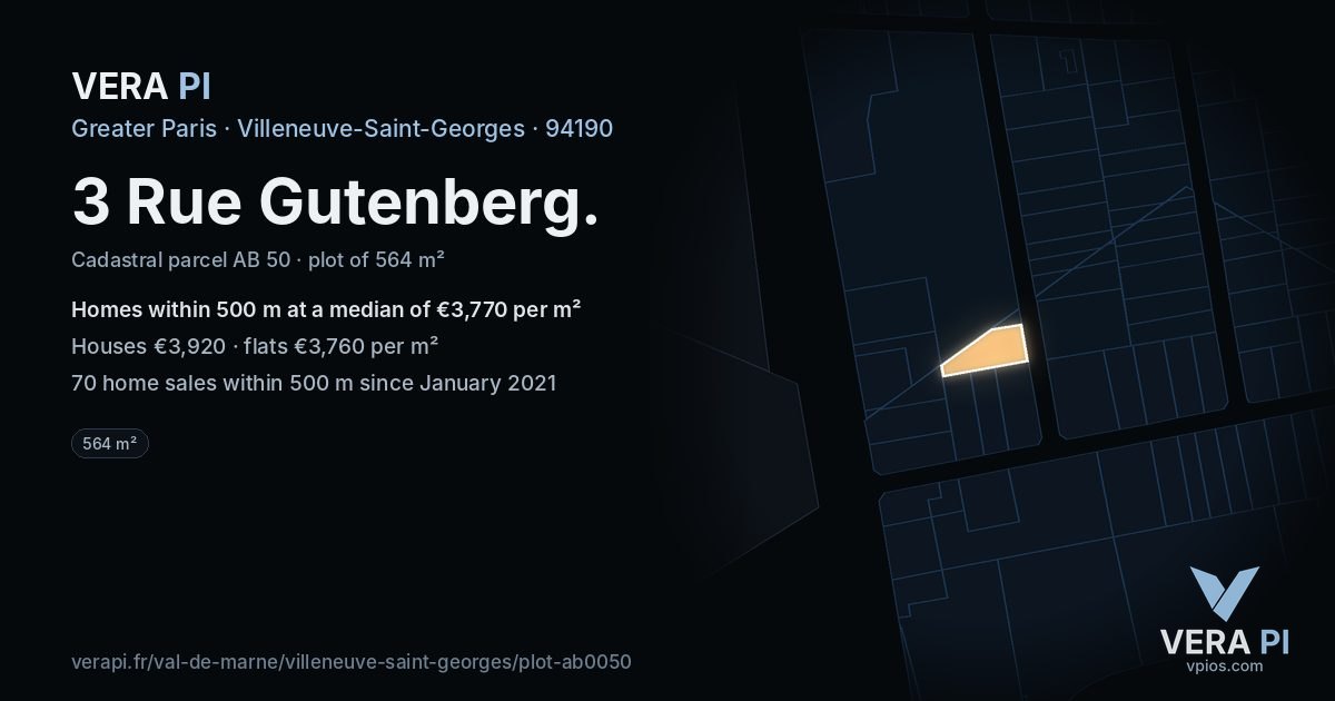 3 Rue Gutenberg, Villeneuve-Saint-Georges at night – the plot lit, the parcels around coloured by the prices near them
