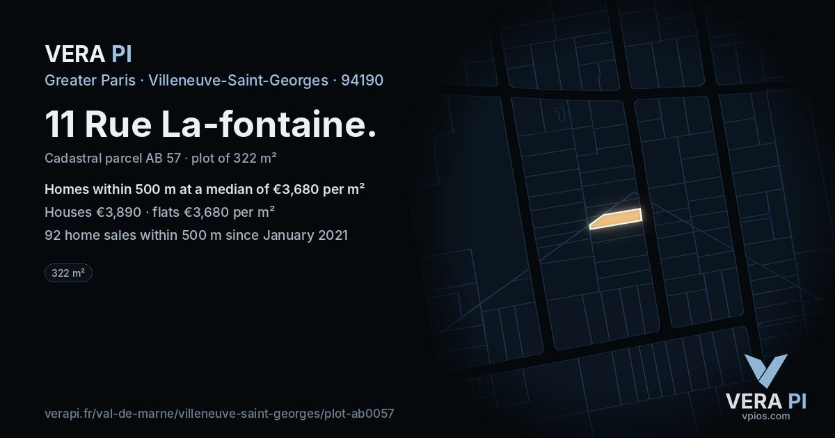 11 Rue La-fontaine, Villeneuve-Saint-Georges at night – the plot lit, the parcels around coloured by the prices near them
