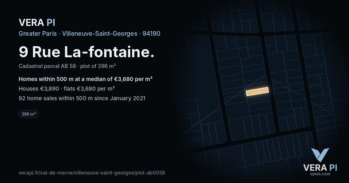 9 Rue La-fontaine, Villeneuve-Saint-Georges at night – the plot lit, the parcels around coloured by the prices near them