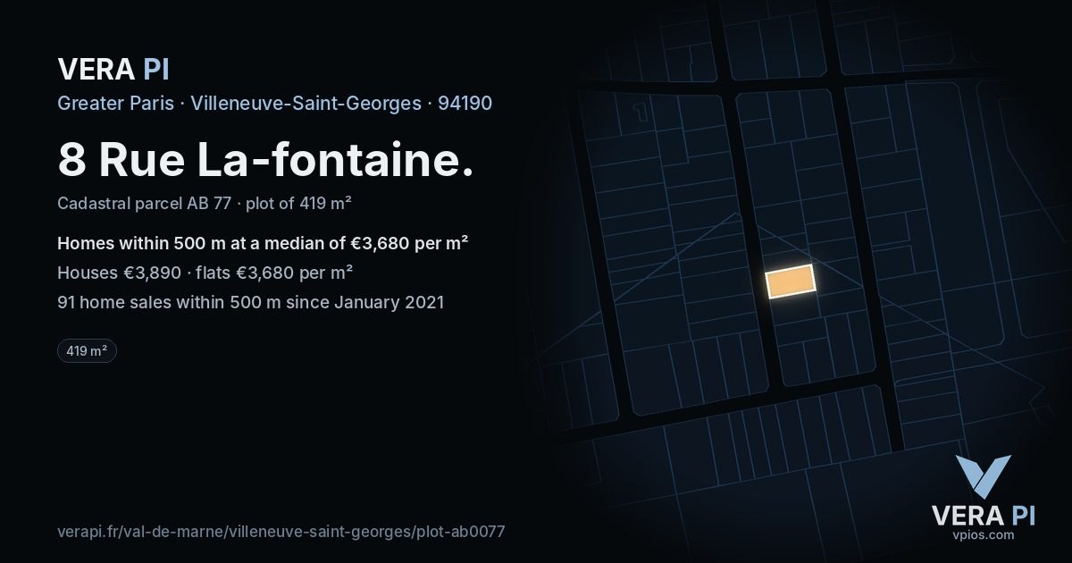 8 Rue La-fontaine, Villeneuve-Saint-Georges at night – the plot lit, the parcels around coloured by the prices near them