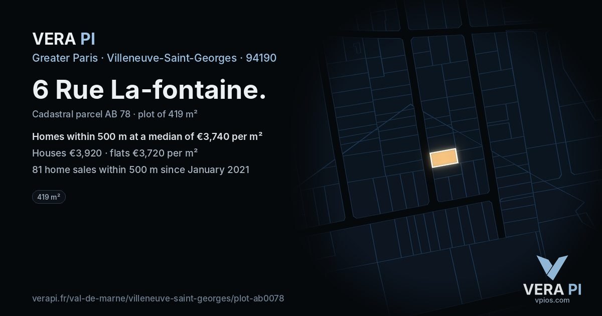 6 Rue La-fontaine, Villeneuve-Saint-Georges at night – the plot lit, the parcels around coloured by the prices near them