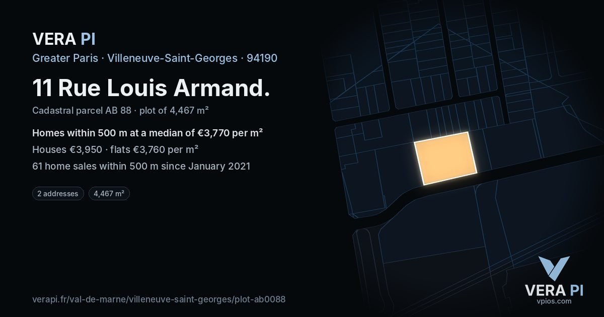11 Rue Louis Armand, Villeneuve-Saint-Georges at night – the plot lit, the parcels around coloured by the prices near them