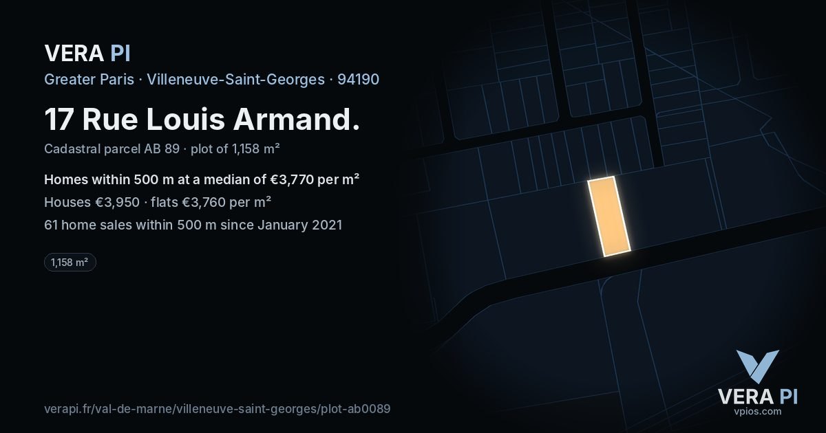 17 Rue Louis Armand, Villeneuve-Saint-Georges at night – the plot lit, the parcels around coloured by the prices near them