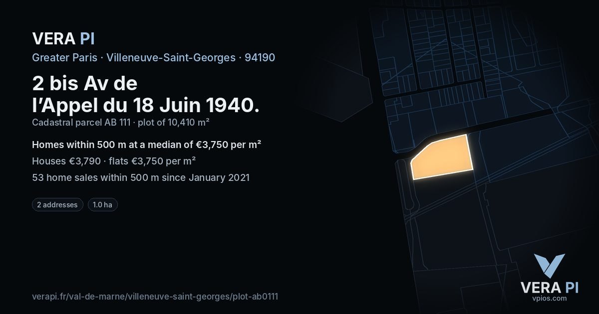 2 bis Av de l’Appel du 18 Juin 1940, Villeneuve-Saint-Georges at night – the plot lit, the parcels around coloured by the prices near them