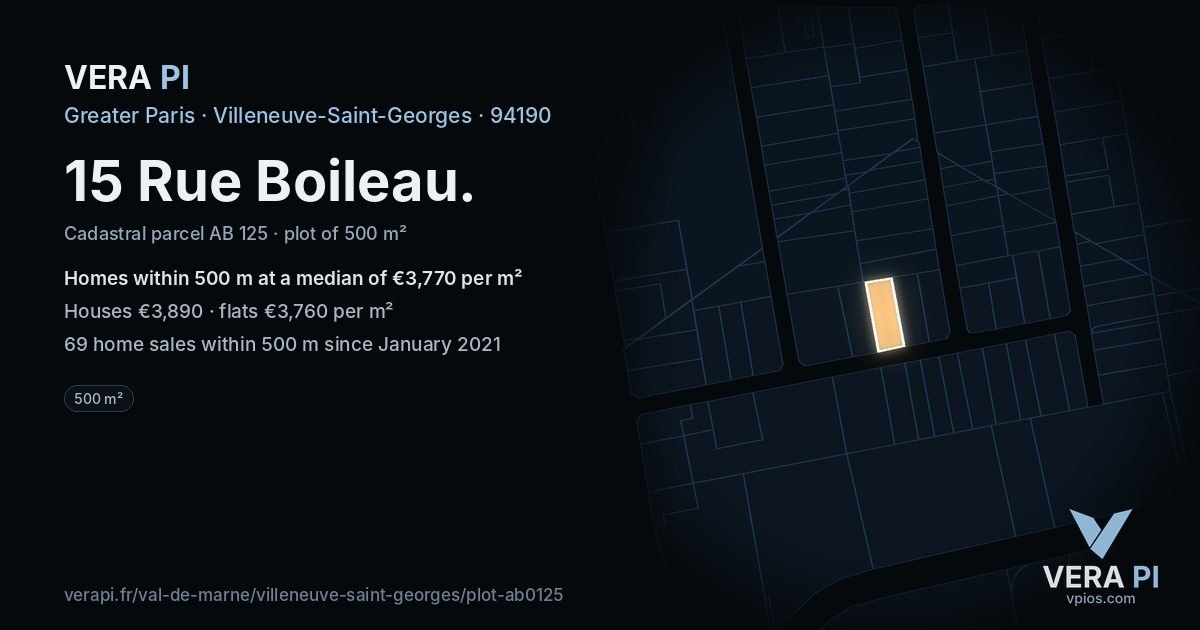 15 Rue Boileau, Villeneuve-Saint-Georges at night – the plot lit, the parcels around coloured by the prices near them