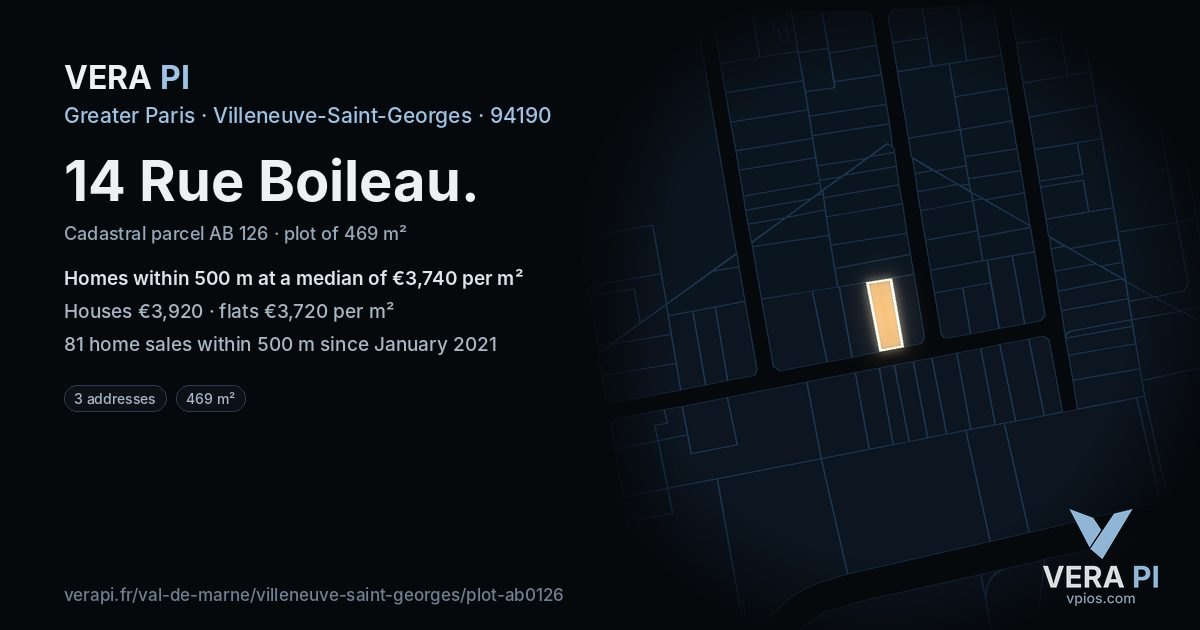 14 Rue Boileau, Villeneuve-Saint-Georges at night – the plot lit, the parcels around coloured by the prices near them