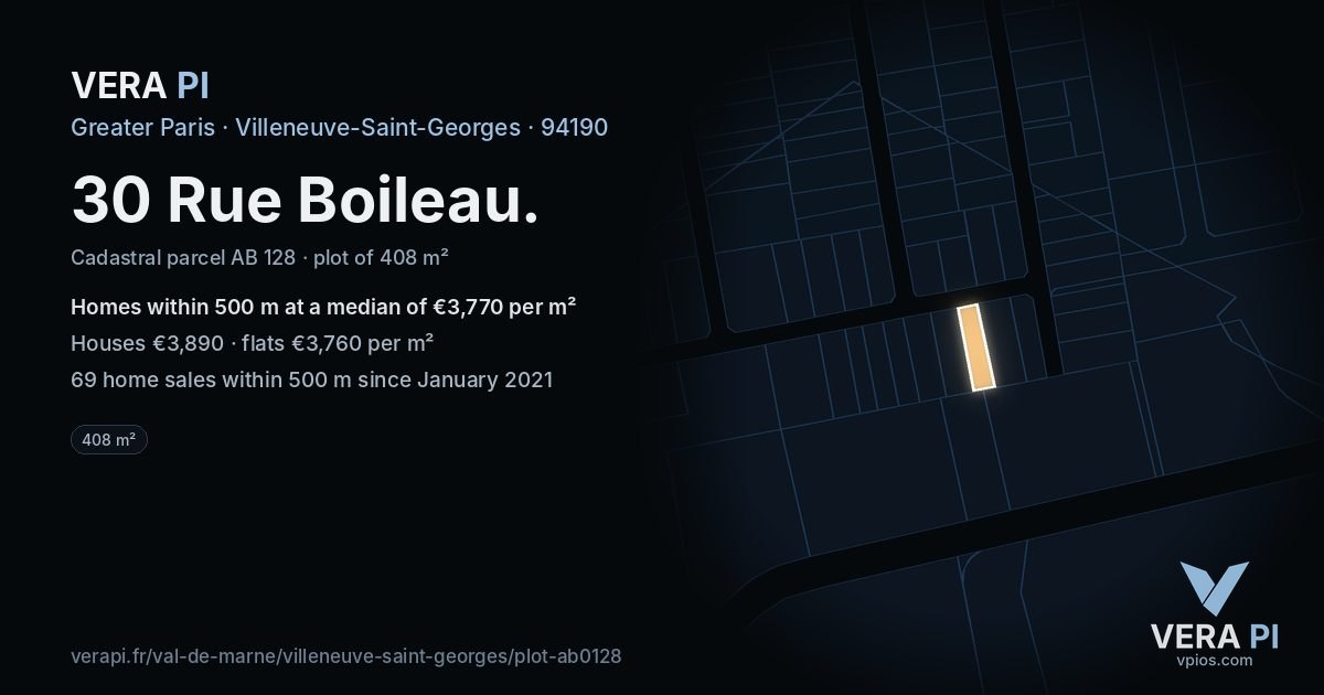 30 Rue Boileau, Villeneuve-Saint-Georges at night – the plot lit, the parcels around coloured by the prices near them