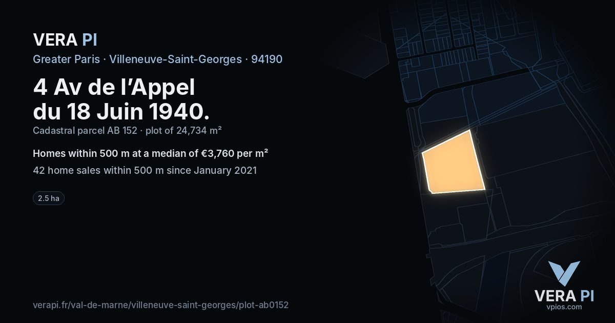 4 Av de l’Appel du 18 Juin 1940, Villeneuve-Saint-Georges at night – the plot lit, the parcels around coloured by the prices near them
