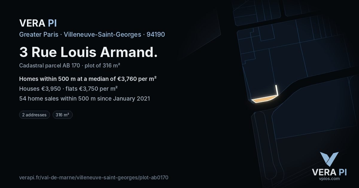 3 Rue Louis Armand, Villeneuve-Saint-Georges at night – the plot lit, the parcels around coloured by the prices near them