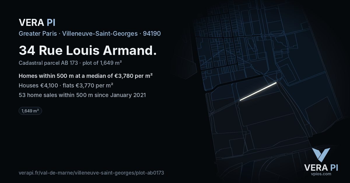 34 Rue Louis Armand, Villeneuve-Saint-Georges at night – the plot lit, the parcels around coloured by the prices near them