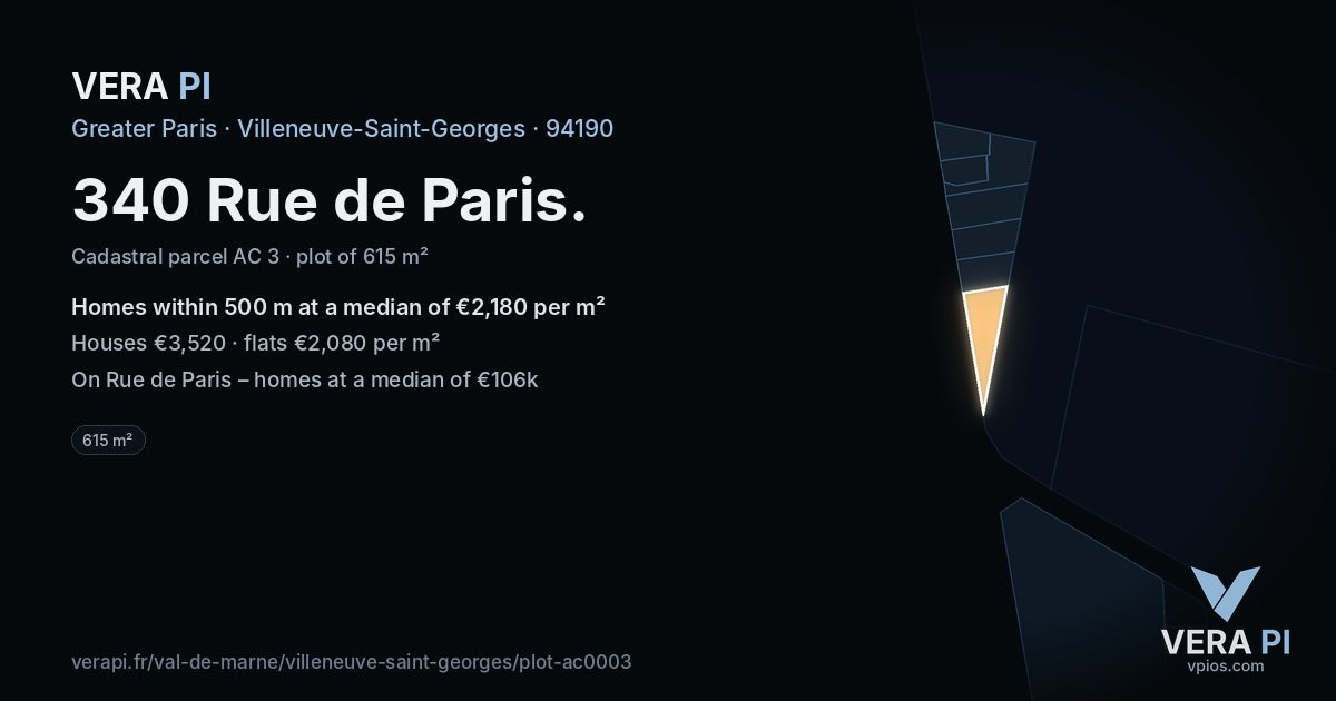 340 Rue de Paris, Villeneuve-Saint-Georges at night – the plot lit, the parcels around coloured by the prices near them