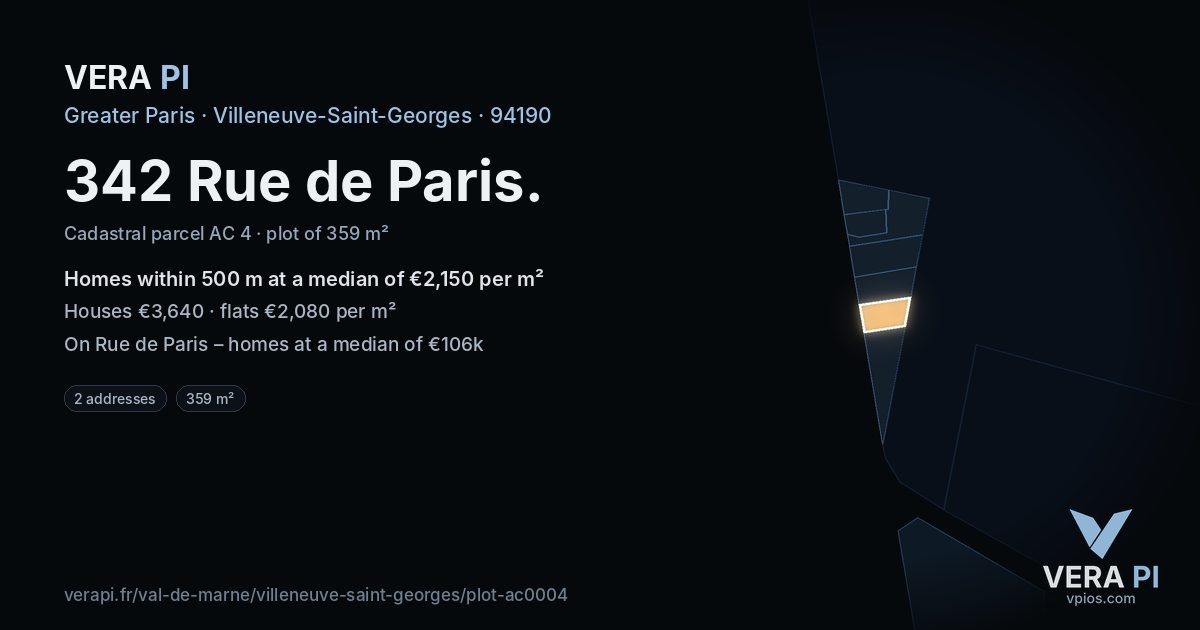 342 Rue de Paris, Villeneuve-Saint-Georges at night – the plot lit, the parcels around coloured by the prices near them