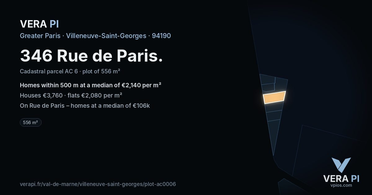 346 Rue de Paris, Villeneuve-Saint-Georges at night – the plot lit, the parcels around coloured by the prices near them
