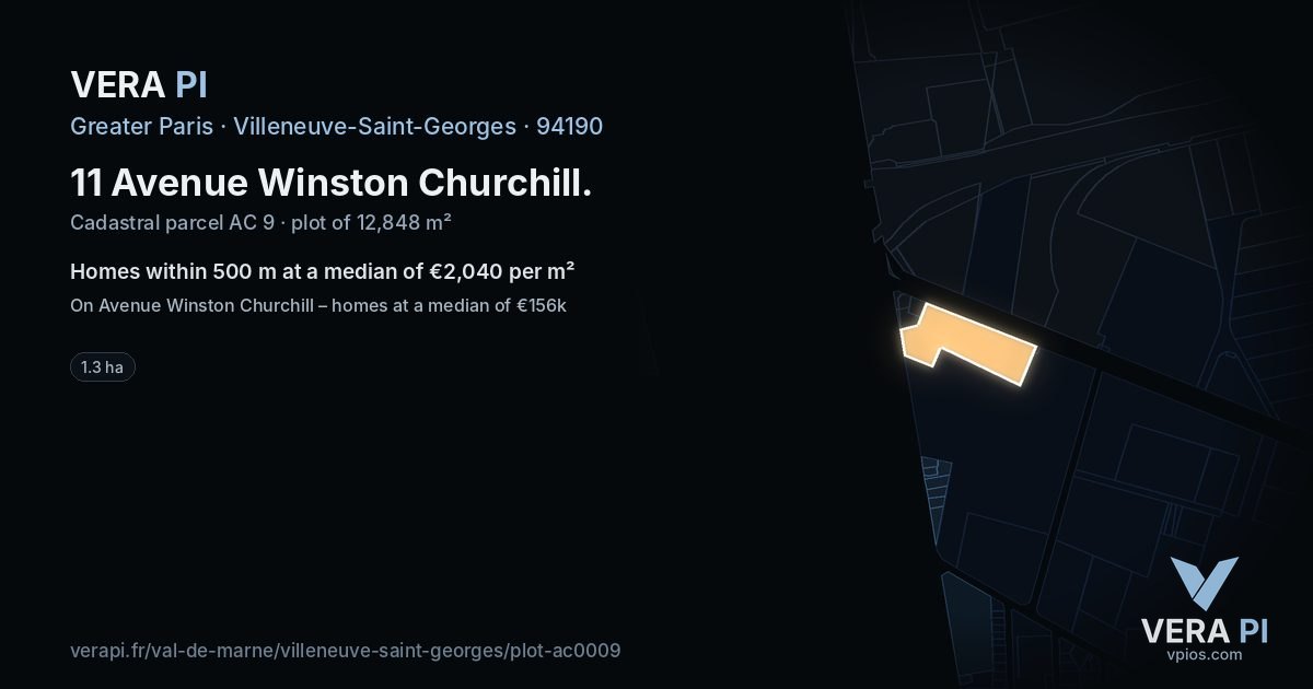 11 Avenue Winston Churchill, Villeneuve-Saint-Georges at night – the plot lit, the parcels around coloured by the prices near them