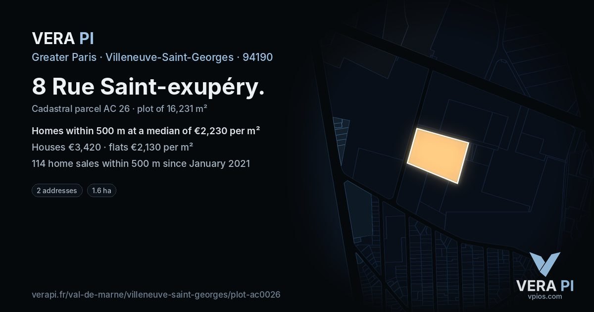 8 Rue Saint-exupéry, Villeneuve-Saint-Georges at night – the plot lit, the parcels around coloured by the prices near them