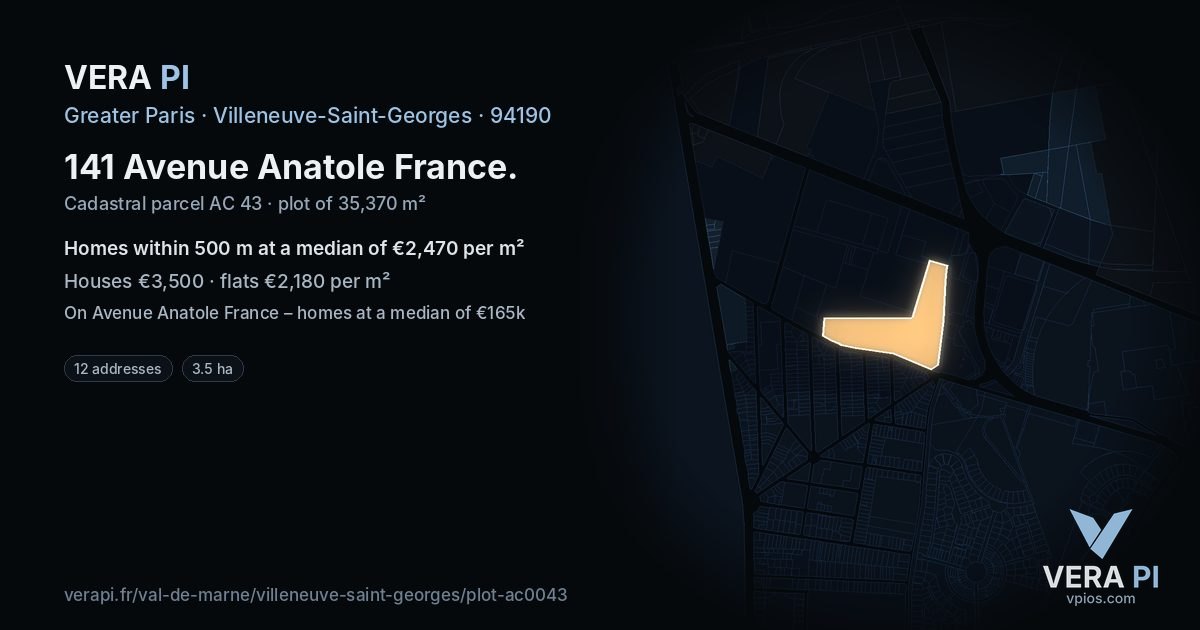 141 Avenue Anatole France, Villeneuve-Saint-Georges at night – the plot lit, the parcels around coloured by the prices near them