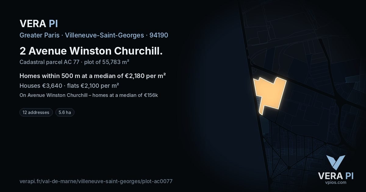 2 Avenue Winston Churchill, Villeneuve-Saint-Georges at night – the plot lit, the parcels around coloured by the prices near them