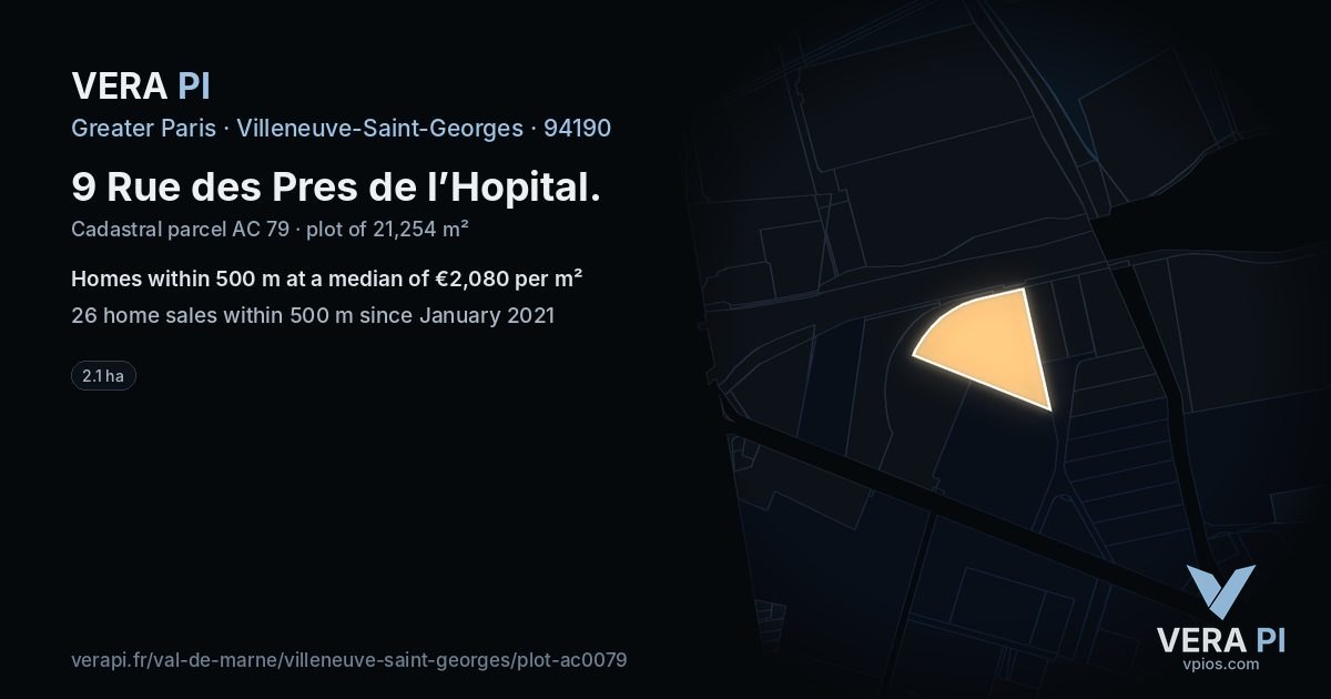 9 Rue des Pres de l’Hopital, Villeneuve-Saint-Georges at night – the plot lit, the parcels around coloured by the prices near them