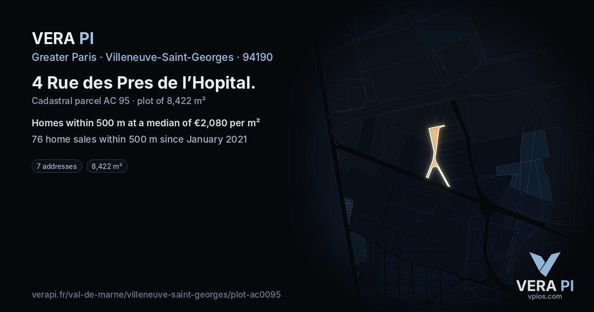4 Rue des Pres de l’Hopital, Villeneuve-Saint-Georges at night – the plot lit, the parcels around coloured by the prices near them