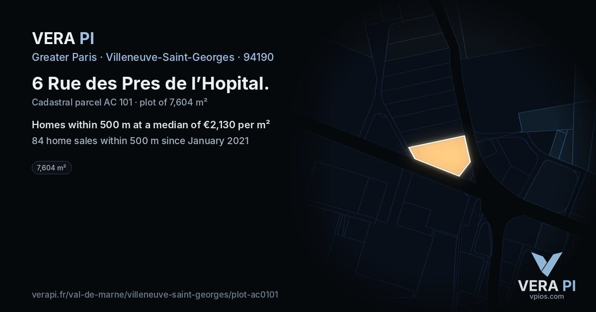 6 Rue des Pres de l’Hopital, Villeneuve-Saint-Georges at night – the plot lit, the parcels around coloured by the prices near them