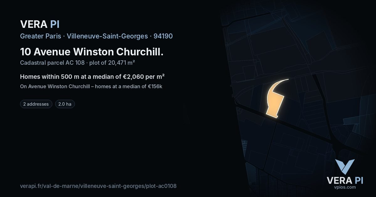 10 Avenue Winston Churchill, Villeneuve-Saint-Georges at night – the plot lit, the parcels around coloured by the prices near them