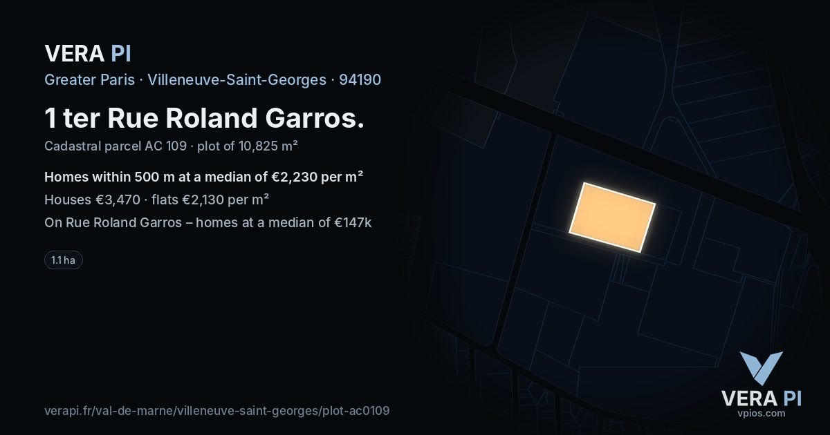 1 ter Rue Roland Garros, Villeneuve-Saint-Georges at night – the plot lit, the parcels around coloured by the prices near them