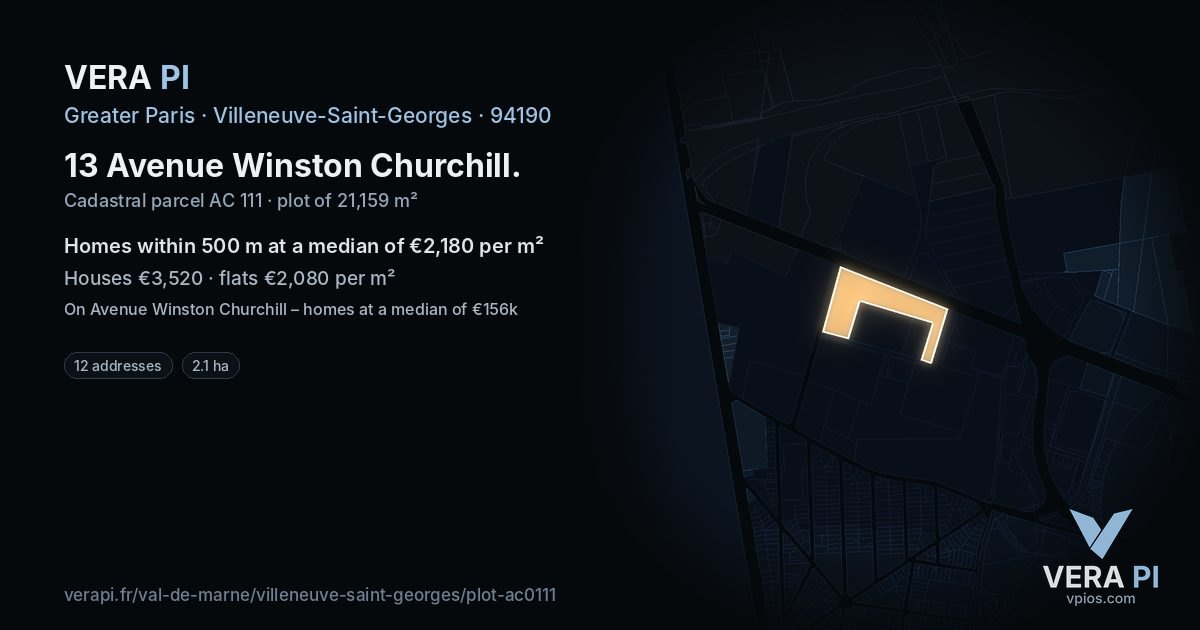 13 Avenue Winston Churchill, Villeneuve-Saint-Georges at night – the plot lit, the parcels around coloured by the prices near them