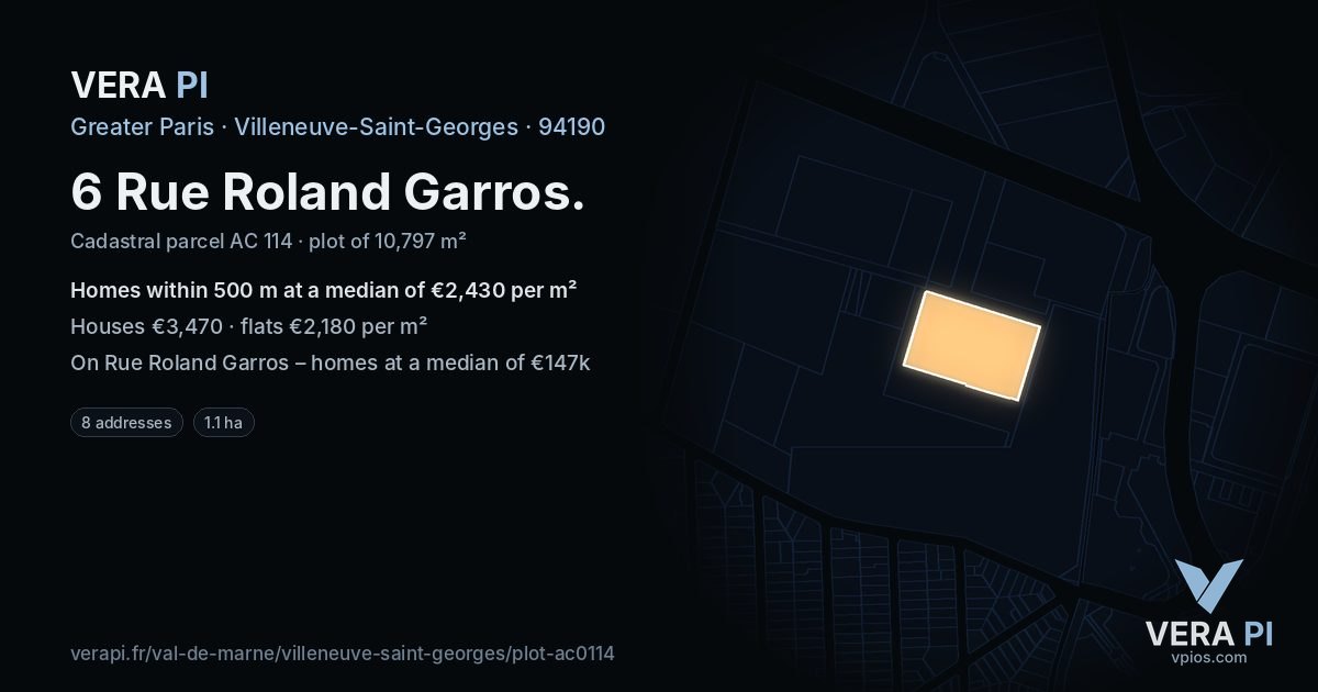 6 Rue Roland Garros, Villeneuve-Saint-Georges at night – the plot lit, the parcels around coloured by the prices near them